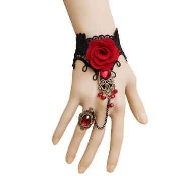 

New Fashion Retro Metal bracelet Lace Red Rose Gloves Floral Women Mittens