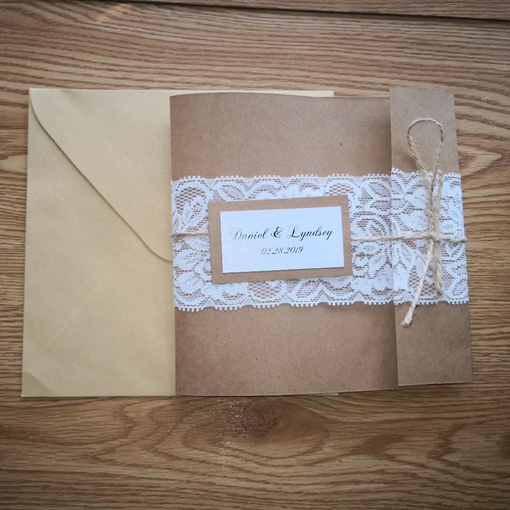 

Whole web unique CustomFest Self design 50pcs/set free envelop and free seal craft paper rustic theme laser cut invitation