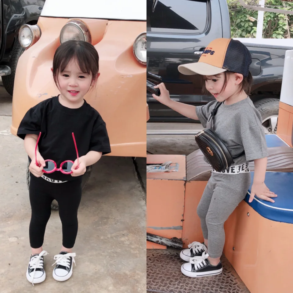 

2019 Summer New Arrival korean style cotton clothing sets short sleeve t-shirt with long pants for cute sweet baby girl and boy