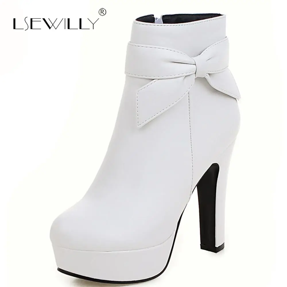 

Lsewilly Autumn Winter New 2018 Women's Boots Solid Zipper Thick Heel Platform Boots Ladies' Round Toe Bowtie Ankle Bootss S541
