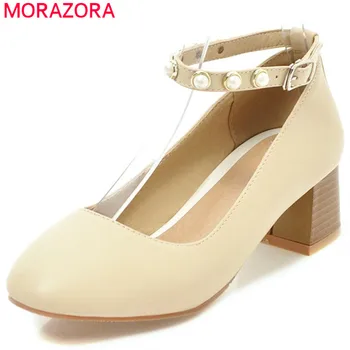 

MORAZORA new arrival 2020 female shoes med heels round toe with buckle square heels shallow casual dress women pumps