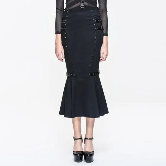 Duivel Mode Punk Lady Hoge Taille Strakke Fishtail Rok Steampunk Gothic Black Studded Rok Geplooide Hof Lente Herfst Rok Duivel Mode Punk Lady Hoge Taille Strakke Fishtail Rok Steampunk Gothic Black Studded Rok Geplooide Hof Lente Herfst Rok