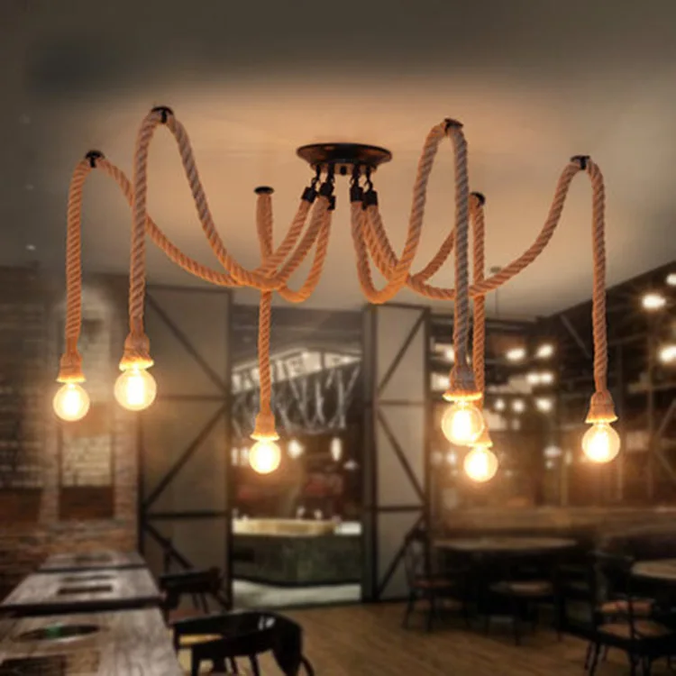 

Vintage Retro Hemp Rope Spider Pendant Lamp For Office Clothing Shop Restaurant, American Antique Iron Rope Drop Lights 1250