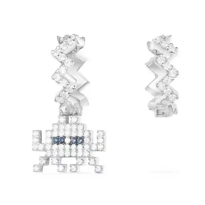

Famous 925 Sterling Silver ZigZag Space Shooter Earrings Pave Full CZ Zircon hoop Women Monaco Brand Jewelry