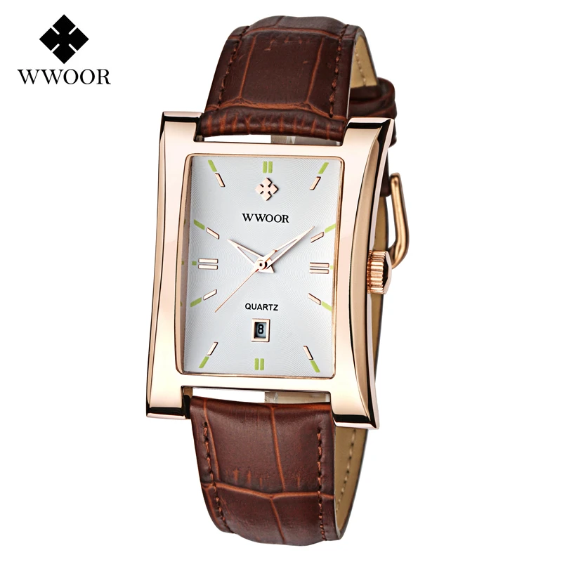 

WWOOR Men Quartz Watches Business Leather Bracelet Auto Date Wristwatches Rectangle Case Analog Casual Watch Montre Homme Clock