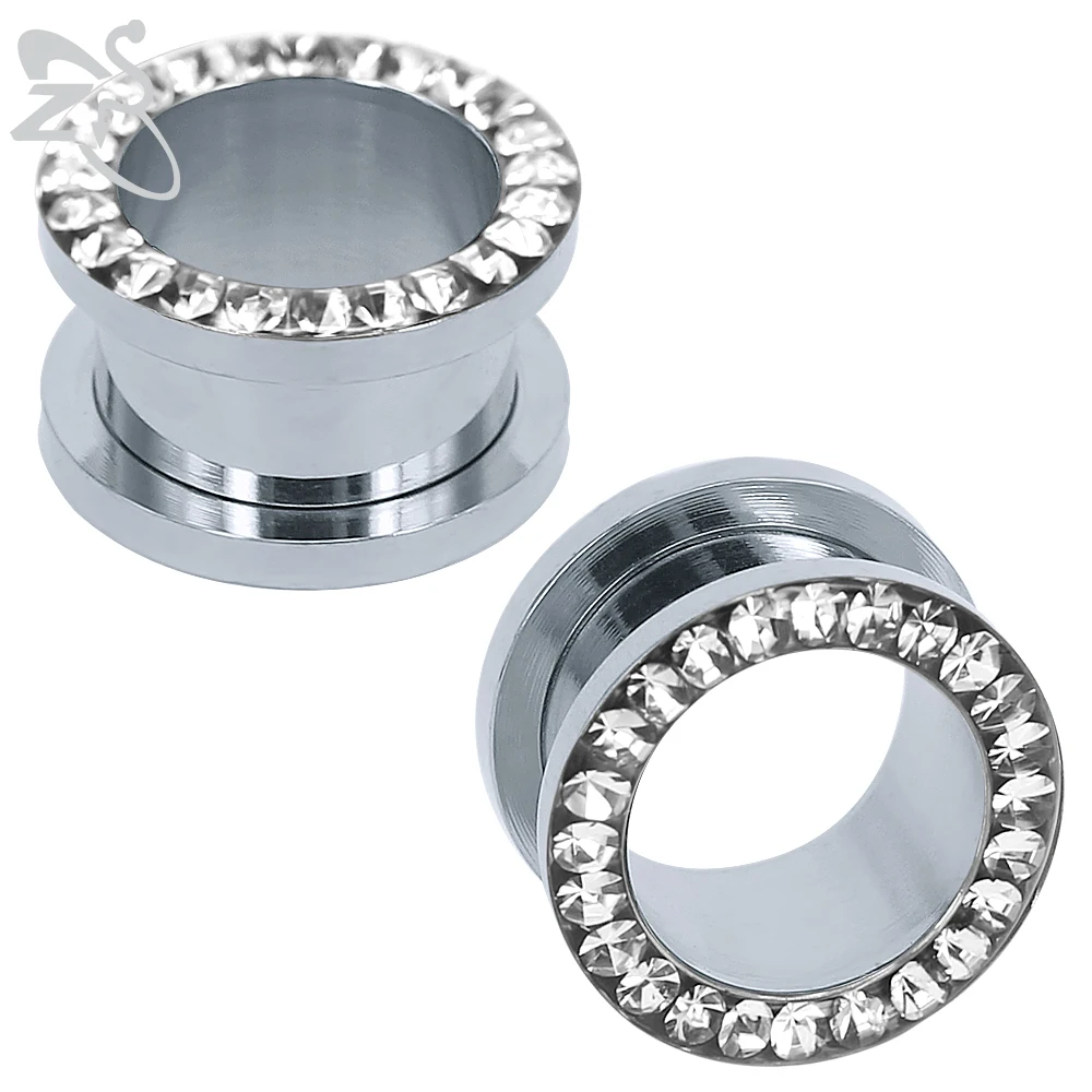 Trendy Gold Silver Crystal Ear Plug Tunnel Stainless Steel Screw Fit
