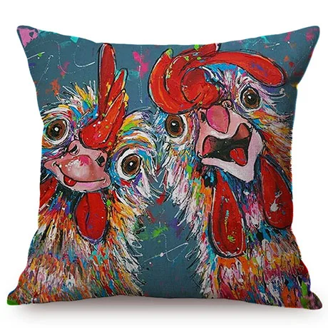 Hen Rooster Colorful Oil Painting Art Sofa Decoration Cushion Cover Rural Poultry Chicken Style Cotton Linen Square Pillow Case M082-10