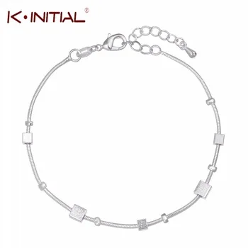Kinitial Original 925 Sterling Silver Bangle Bracelet Jewelry Women Gift Charms Geometric Square Bracelet Fashion Jewellery