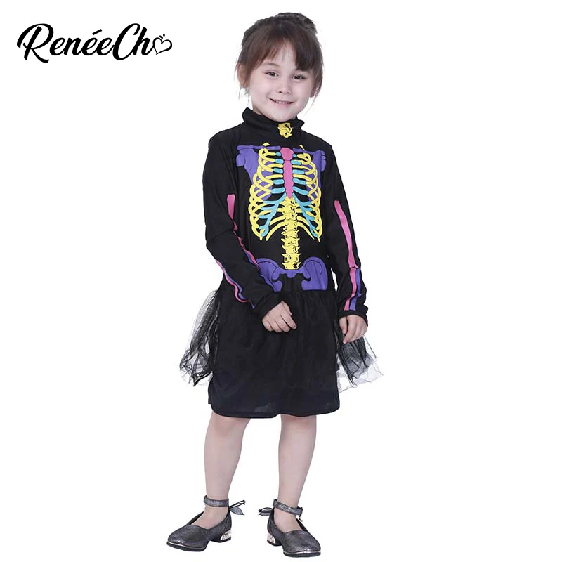 Костюм на Хэллоуин для девочек костюм скелета Детский костюм красочные кости Косплэй с длинным рукавом нарядное платье для детей