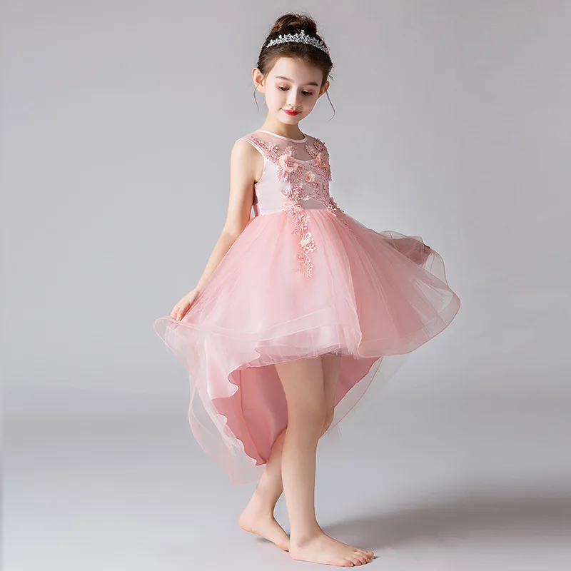 

Girls Tulle Gown Flower Girl Dress For Weddings Summer New Sweet Flower Beading O-neck Sleeveless Big Girls Mini Ball Gown