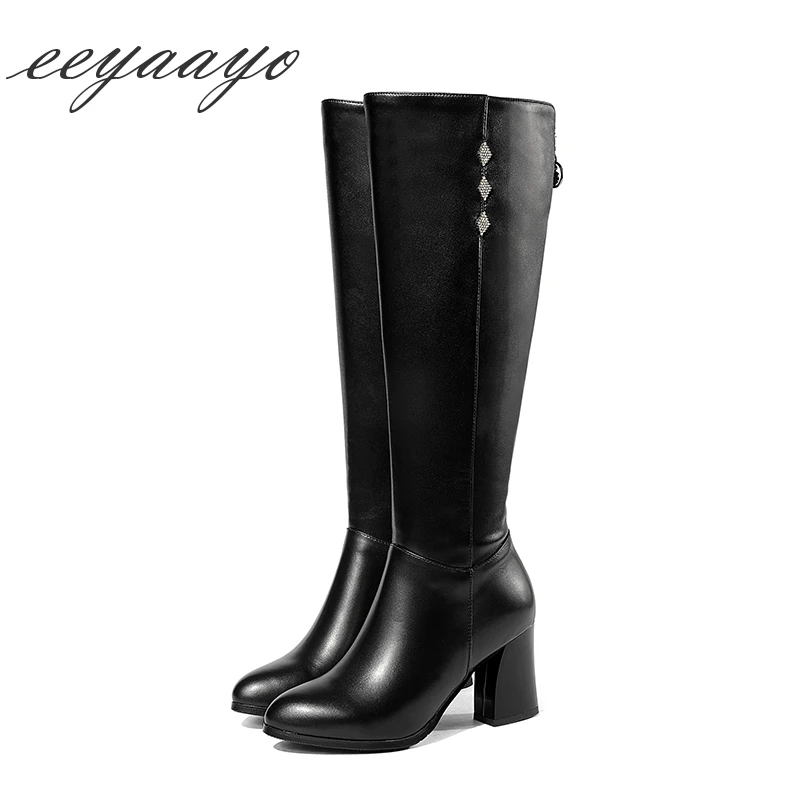 

New Genuine Leather Winter Women Knee-High Boots High Heels Round Toe Zip Sexy Ladies Shoes Black Woman Cow Leather Long Boots