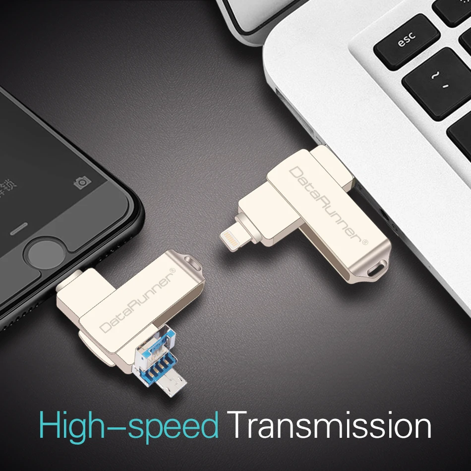 Новый usb накопитель DataRunner портативный флэш для iPhone XS MAX/X/8 Plus 3 в 1 Micro внешний