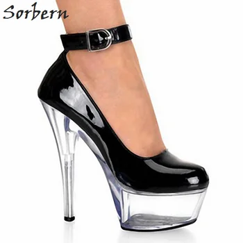 

Sorbern Ankle Straps 15Cm High Heels Women Pumps 5Cm Platform Women Heels 2018 New Round Toe Clear Heel Women Patent Shoes