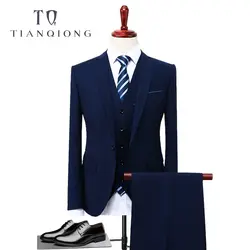 Тянь QIONG синий 3 предмета костюм Для мужчин корейской моды Бизнес Для мужчин s костюмы дизайнеров 2018 Slim Fit Нарядные Костюмы для свадьбы для