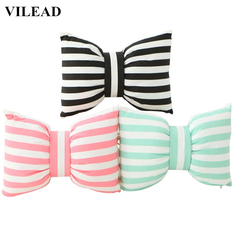 

VILEAD Striped Dot Bow Cushion Car Seat Pillow Soft PU Cotton Plush Doll Home Decorative Throw Pillow Gift for Children Girls