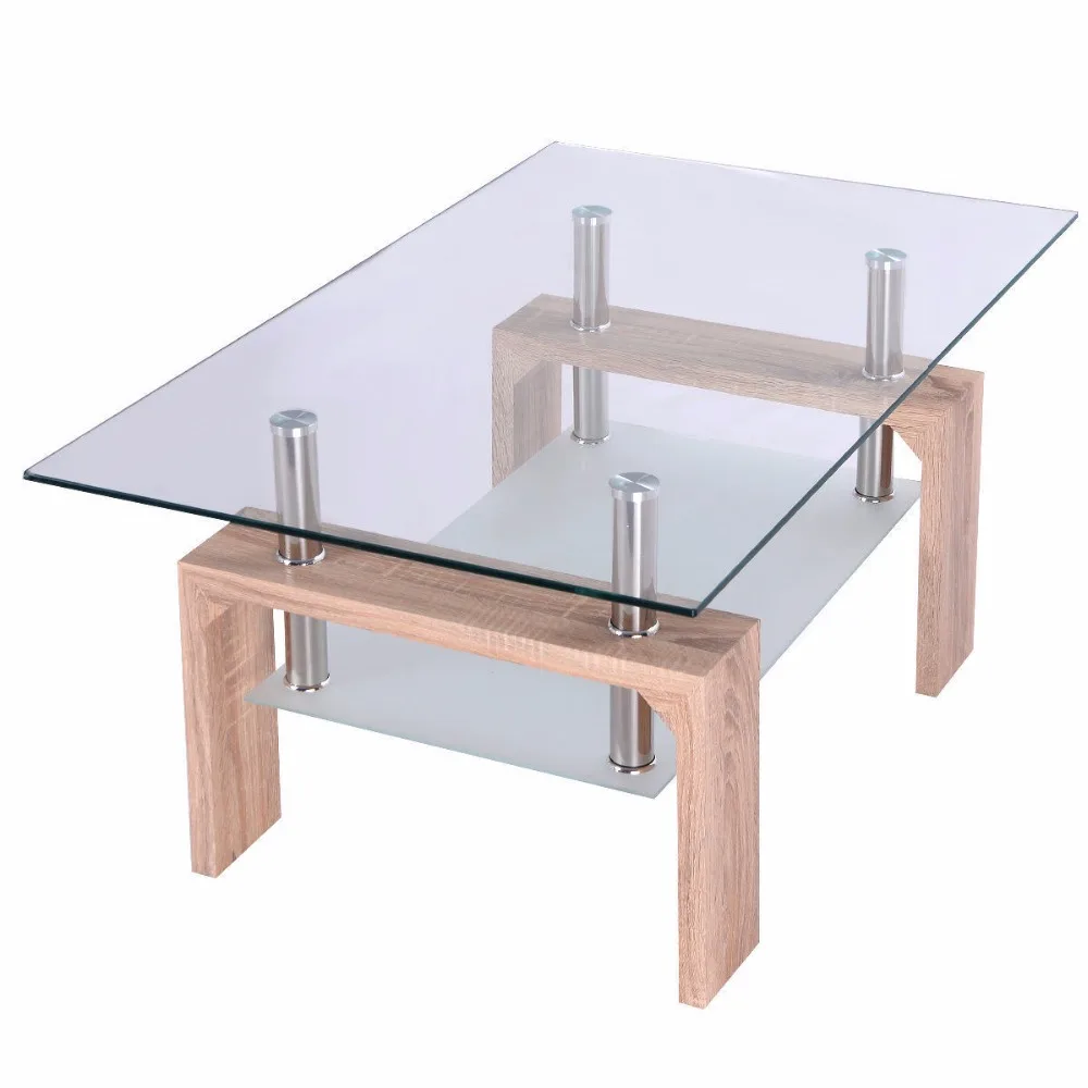 Goplus Rectangular Glass Coffee Table with Storage Shelf Modern Wood Legs Side Coffee Table Living Room Home Furniture HW52022 Goplus Rectangular Glass Coffee Table with Storage Shelf Modern Wood Legs Side Coffee Table Living Room Home Furniture HW52022