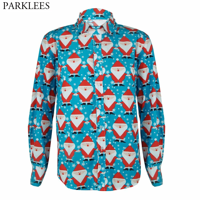 Harajuku Christmas Shirt Men 3D Santa Claus Print Mens Dress Blue