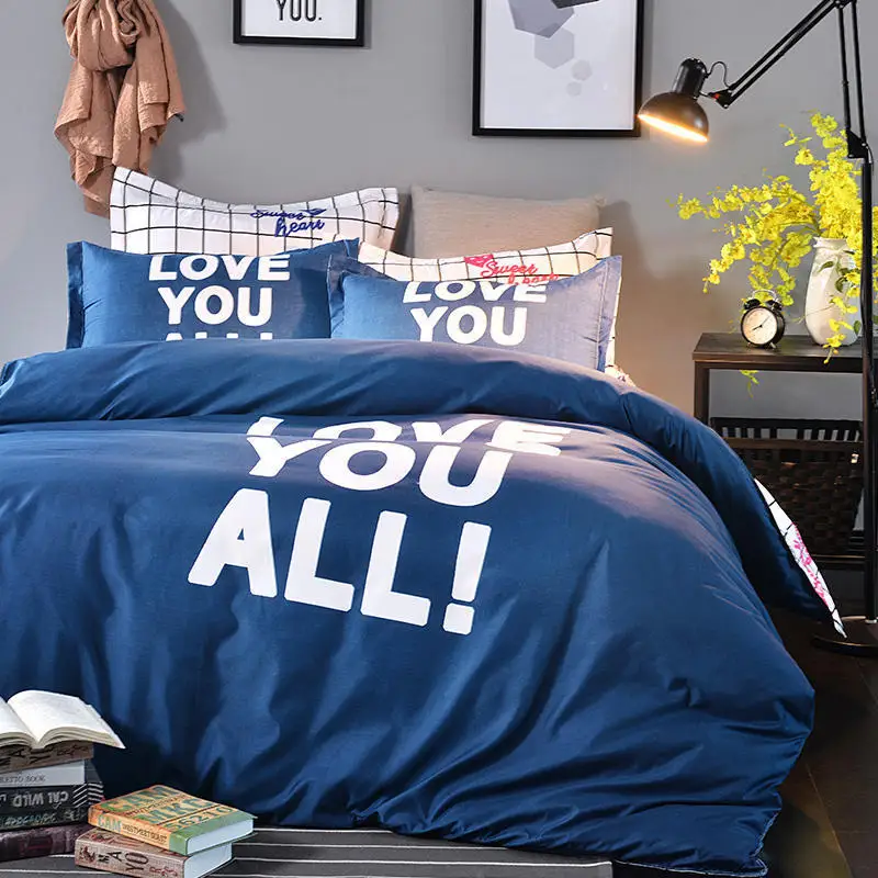 

Fashion textiles simple large Letter printing Plaid solid color double spell 4pcs bedding Bed linen Quilt cover Pillowcase