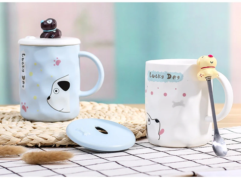 410 мл 3D тисненая Милая кружка собака с крышкой и ложкой, парная кружка кофе Вода Кружка для завтрака чашка керамическая чашка для завтрака молоко чашки