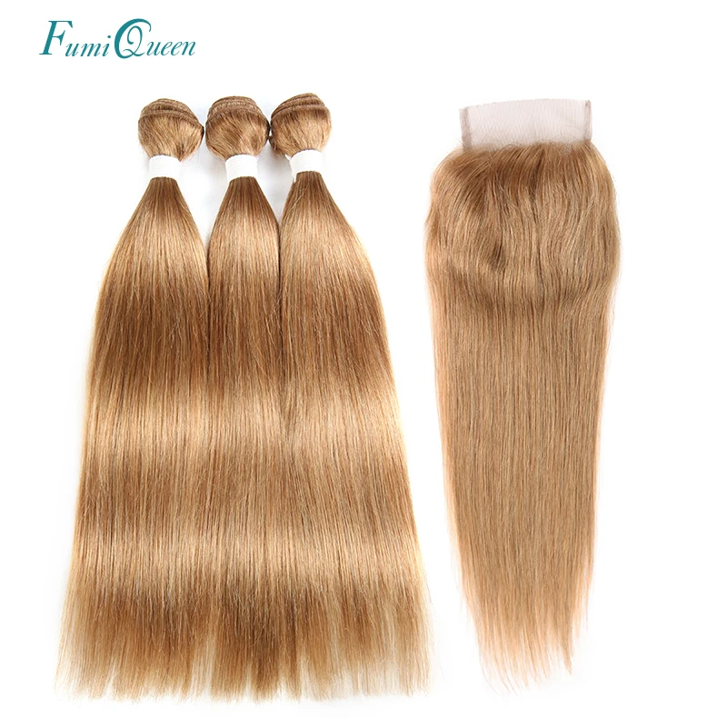 

Ali Fumi Queen Brazilian Hair With Lace Closure Straight Hair Extension Pre-colored #27 Human Hair Weave Bundles Remy Hair