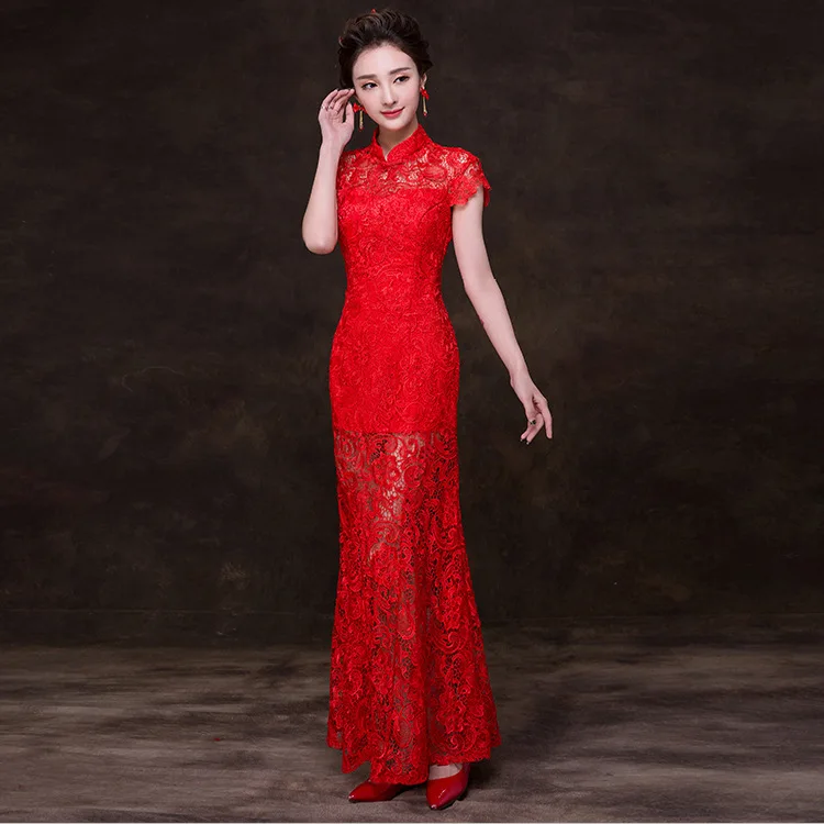Для женщин сексуальная китайское традиционное платье красный китайский свадебное платье Чонсам рыбий хвост китайский Qipao леди Вечеринка