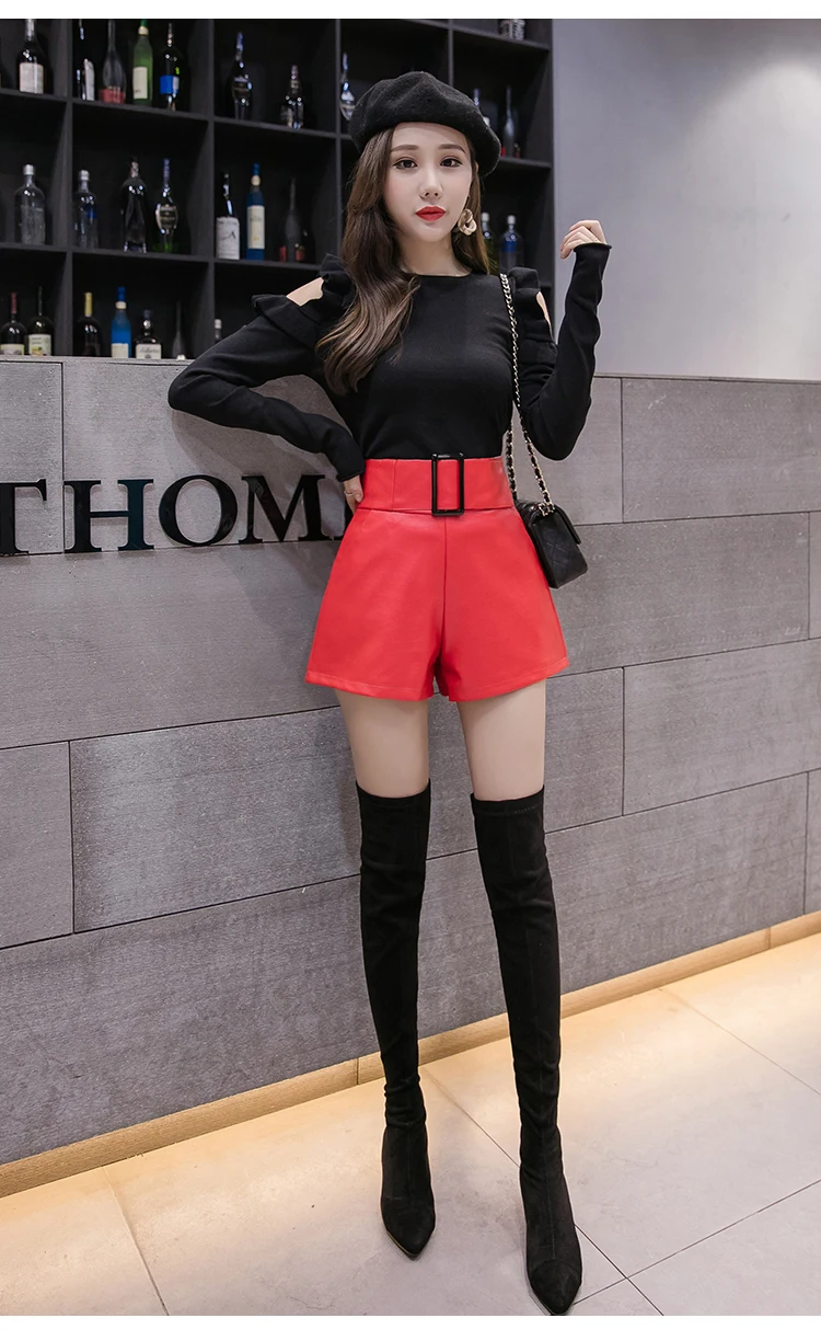 Корейские шорты из искусственной кожи женские осенние зимние шорты с высокой талией и широкими штанинами дамские шорты размера плюс сексуальные черные шорты с поясом для женщин