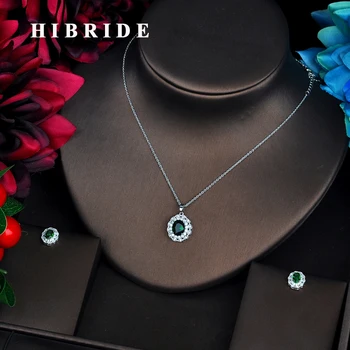 

HIBRIDE Luxury Green Oval Flower Cubic Zircon Pendant Jewelry Sets Necklace Sets Earings Set Girl Gift Full Jewelry Set N-549