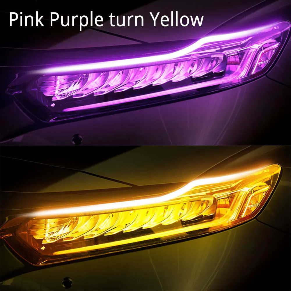 Автомобильный светодиодный светильник, 30 см/45 см/60 см, гибкая светодиодная лента, водонепроницаемый, тонкий, гибкий, сигнал поворота, желтый, струящийся, ходовой светильник s DC 12V - Испускаемый цвет: Pink turn yellow