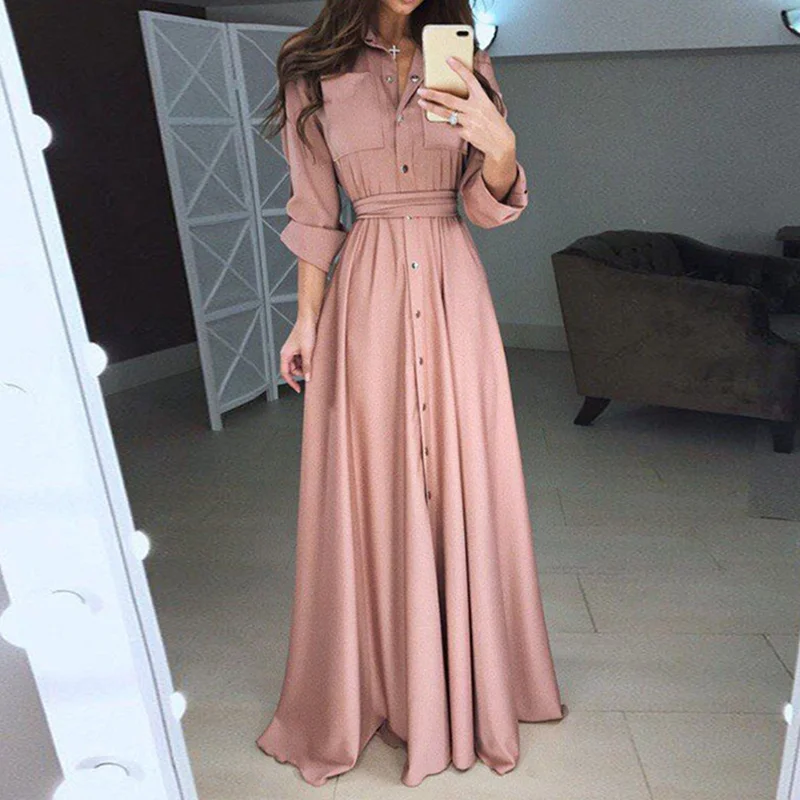 

Helisopus Fashion Split Long Sleeve Bandage Maxi Dress Women Elegant Single Breasted Buttons Floor Length Vestidos