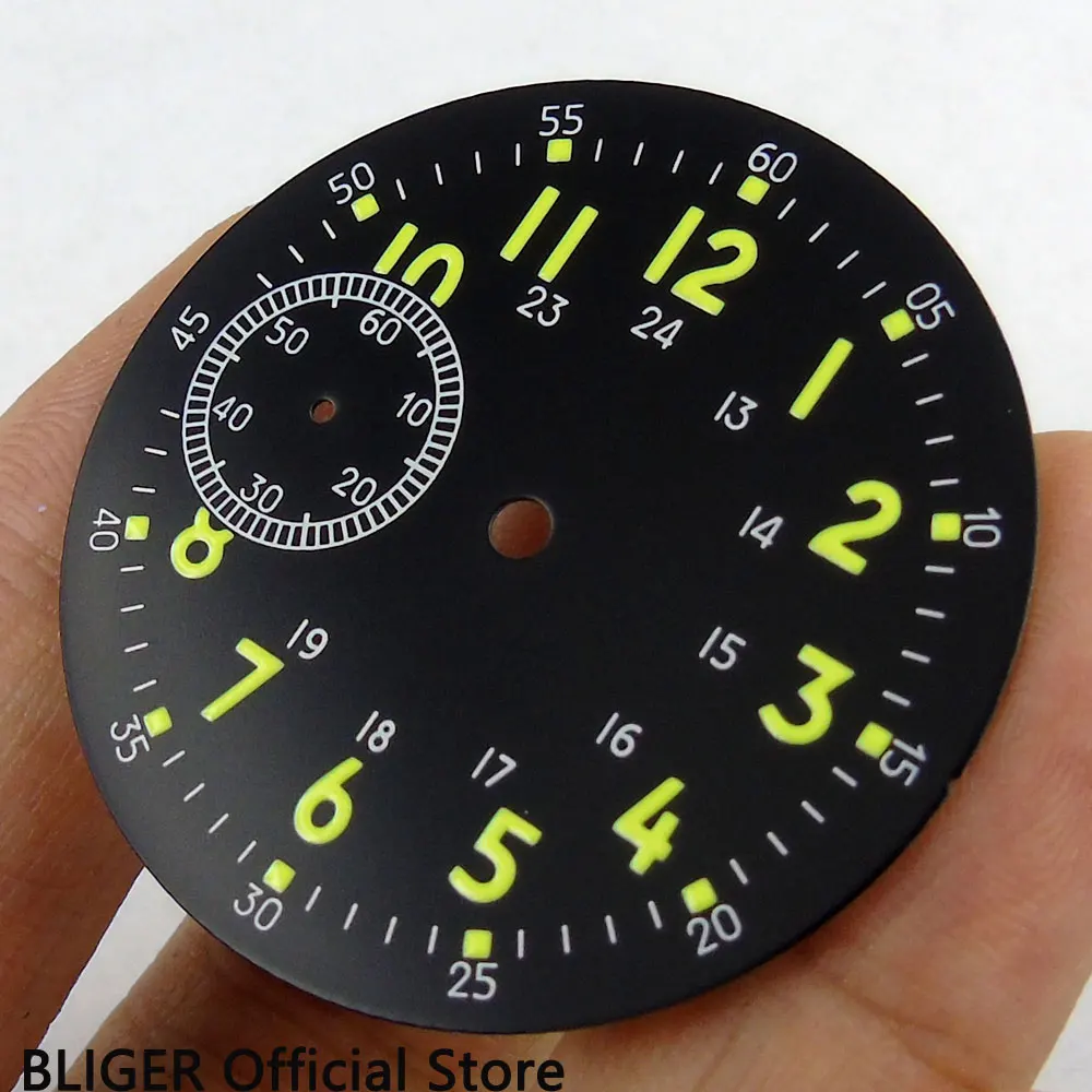 39 мм BLIGER черный стерильные циферблат зеленый цифрами Световой Часы Marks набора, пригодный для ETA 6497 ST3600 рука подзаводом D47