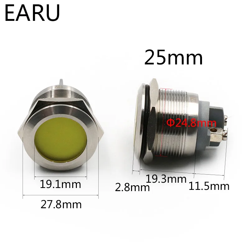 25 мм IP67 Водонепроницаемый металла светодиодный индикатор лампы сигнал пилот Предупреждение Мощность 5 В 12 В 24 В 110 В 220 В красные, синие зеленый цвет: желтый, белый