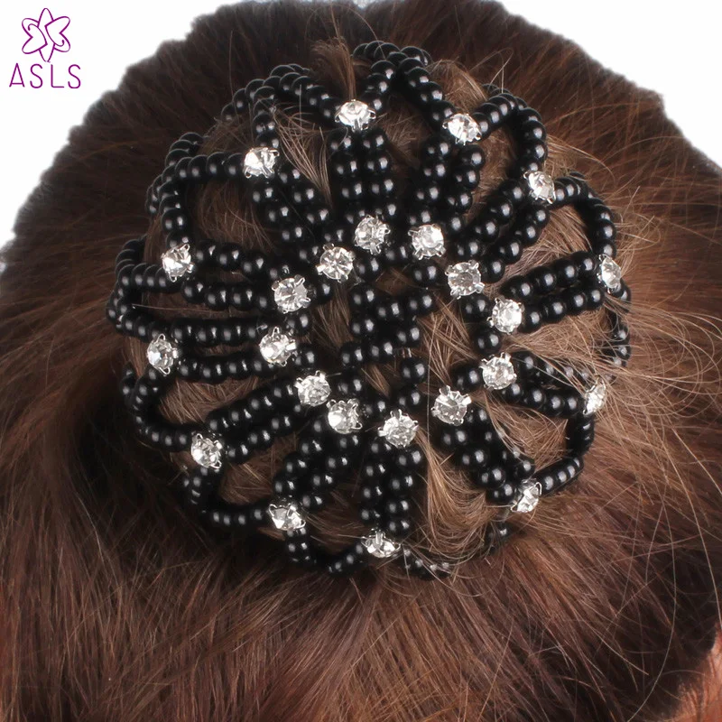 New Arrival Fashion Lady Elastic hair net handmade crochet black bead hair Snood Net Ballet Bun Hair Covers Ornament for women