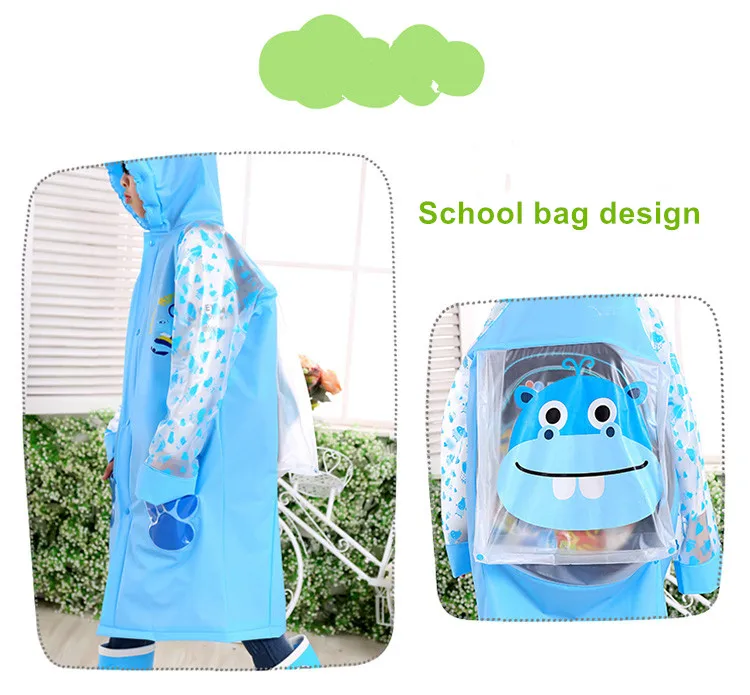 2.Waterproof kids raincoat with school bag Children's rain coat Inflated cap brim cute cartoon Long rain jacket
