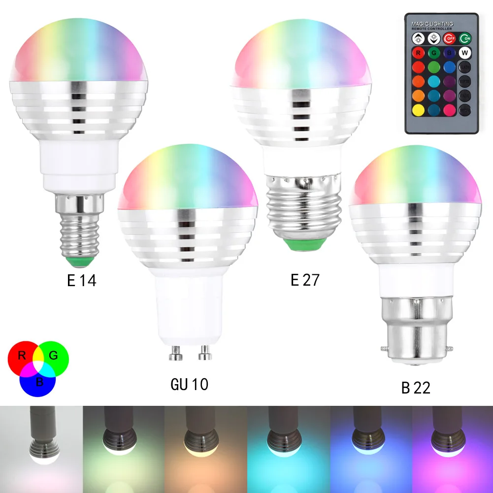 

E27/B22/E14/GU10 LED Bulb Light With IR Remote Control 16 Colors 3W RGB Lighting Lamp For Home Party Decoration --M25