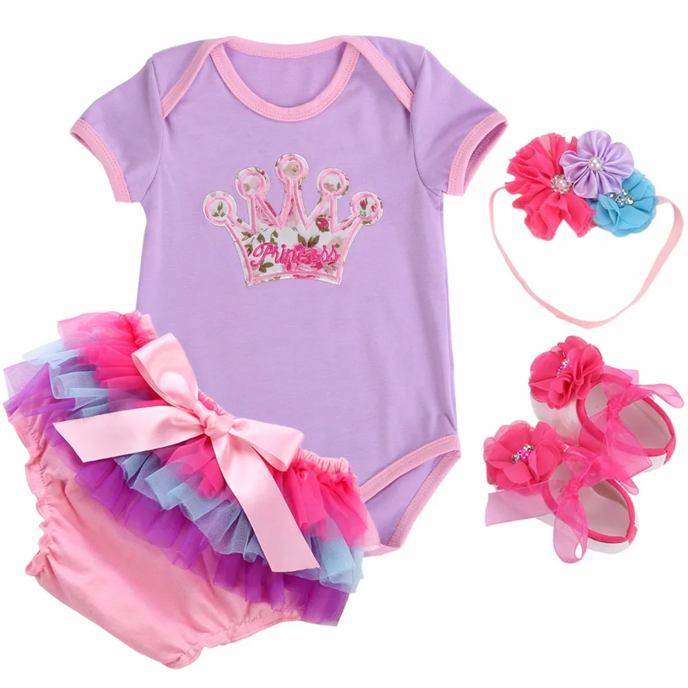 2017 Newborn Girl Outfits Clothes Set Bodysuit+Tutu Pant+Girls Shoes+Headband 4PCS Set;Baby 1st