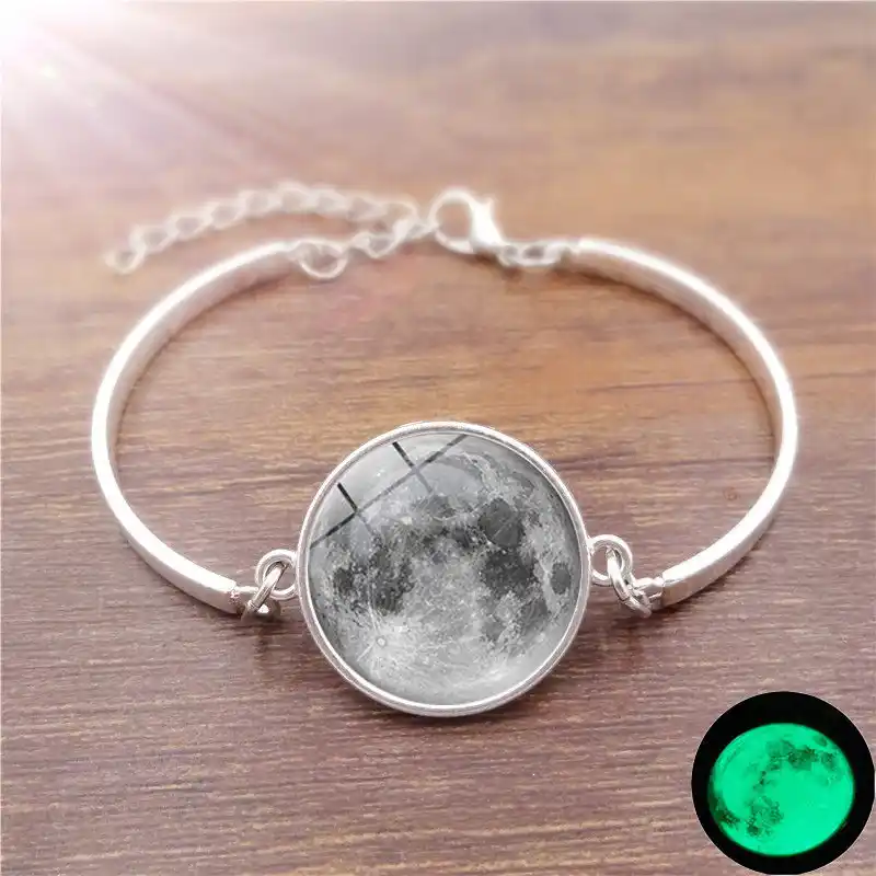 Glowing Moon Bracelet With Silver Color Gl Cabcohon Galaxy Glow In The Dark Charm Bangle For Men Women Gift Glowing Moon Bracelet With Silver Color Gl Cabcohon Galaxy Glow In The Dark Charm Bangle For Men Women Gift