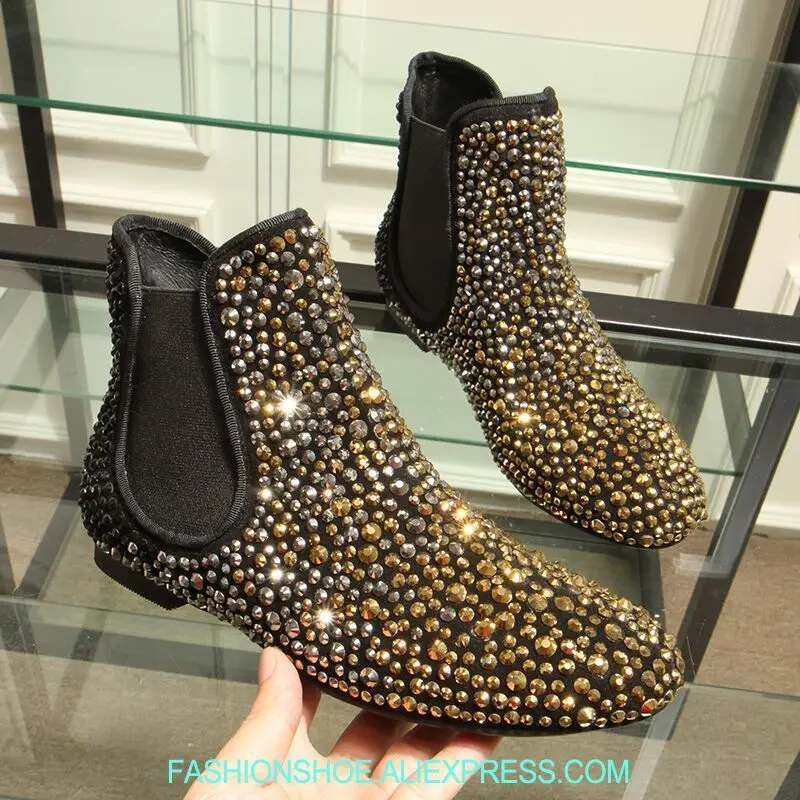 

2018 Black Gold Rhinestone Ankle Boots Women Shoes Flats Slip On Motorcycle Boots Winter Flat Shoes European Nude Botas Mujer