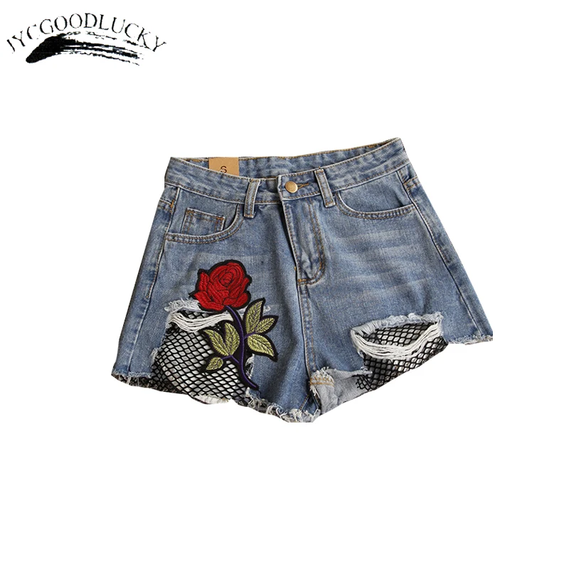 

Hot 2017 Women Shorts Mesh Patchwork Ripped Sexy Jeans Shorts Women Casual Embroidery Women's Shorts Large Size Women Clothing
