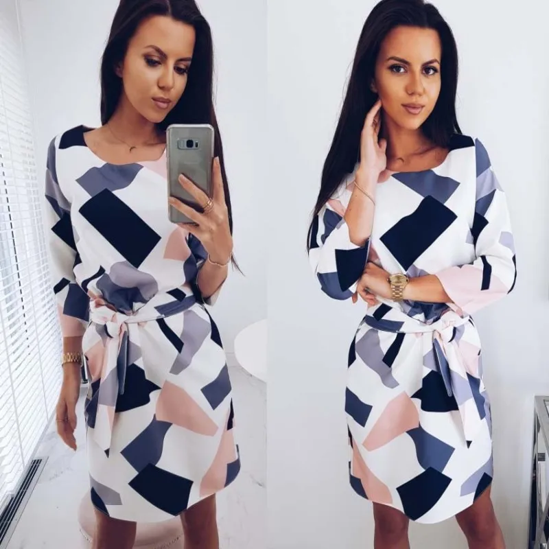 

2018 Geometric Printed Sashes Pockets Autumn Dress Woman Three Quarter Sleeves O-Neck Fall Casual Loose Straight Mini Dresses