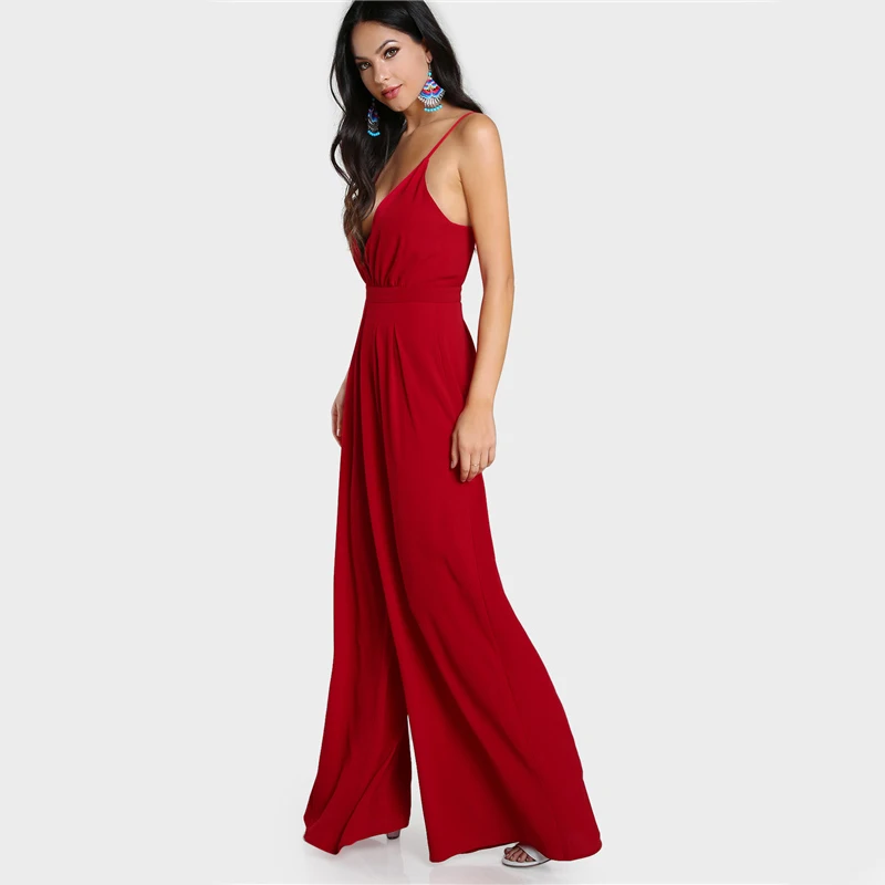 Green Red Elegant V Neck Sleeveless Jumpsuit