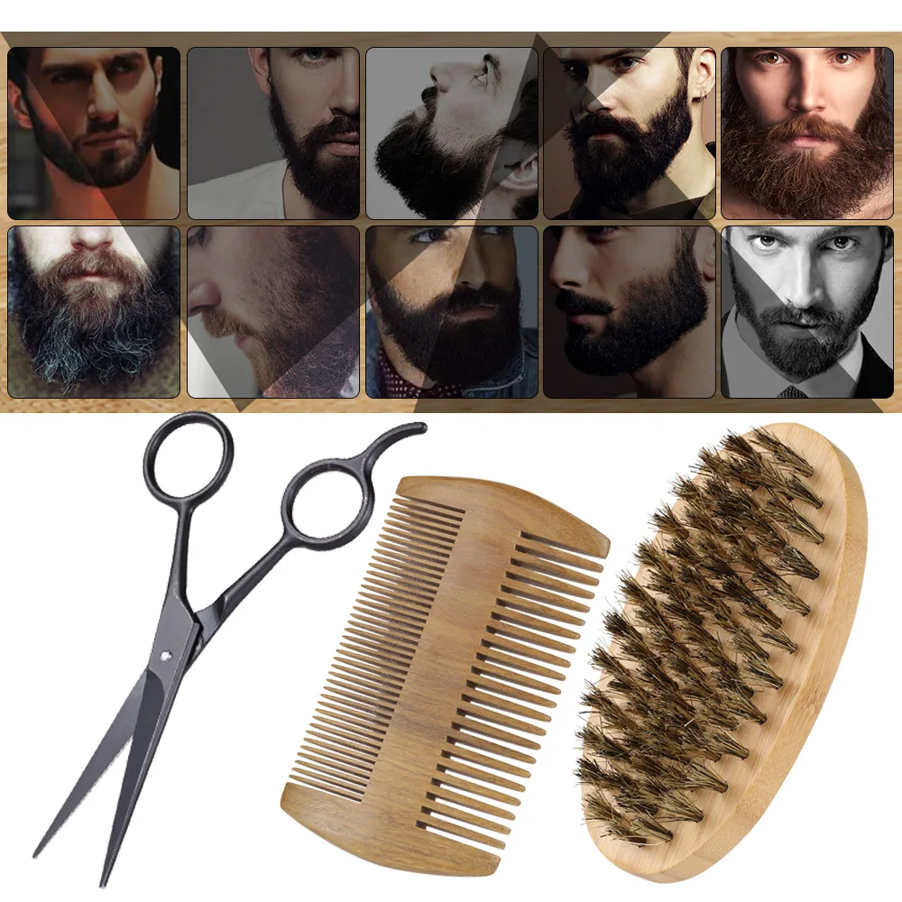 3 шт./компл. кабан щетины Для Мужчин's помазок для бритья бороды расческа-ножницы комплект мужской чистки лица помазок для бритья ножницы для волос набор кистей
