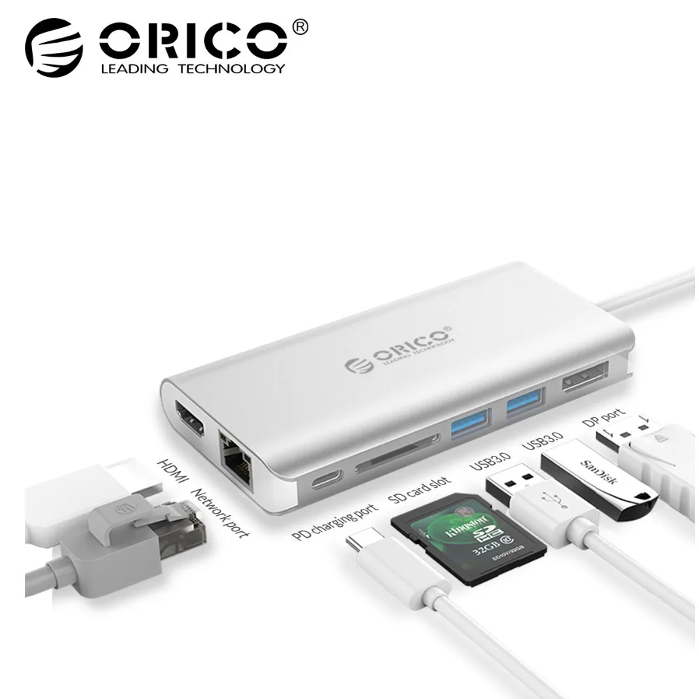 

ORICO 7in1 Type-C Aluminum Laptop Docking Station USB C to Card Reader DisplayPort HDMI 4K USB3.0 Type C PD Adapter For MacBook