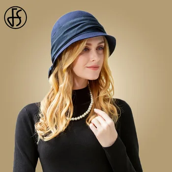 

FS British Navy Blue Wool Fedora Hats Elegant Ladies Winter Autumn Hat Women With Bow Cloche Floppy Felt Cap Sombreros De Mujer