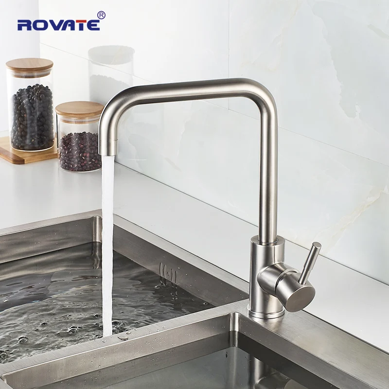 ROVATE 360 Degree Swivel Kitchen Faucet 304 Stainless Steel Brushed Nickel Hot and Cold Single Lever Sink Faucet Crane