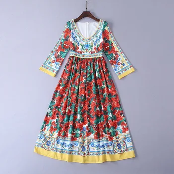 

Women's retro print three quarter sleeves dress 2019 spring runways floral print vintage dress G122