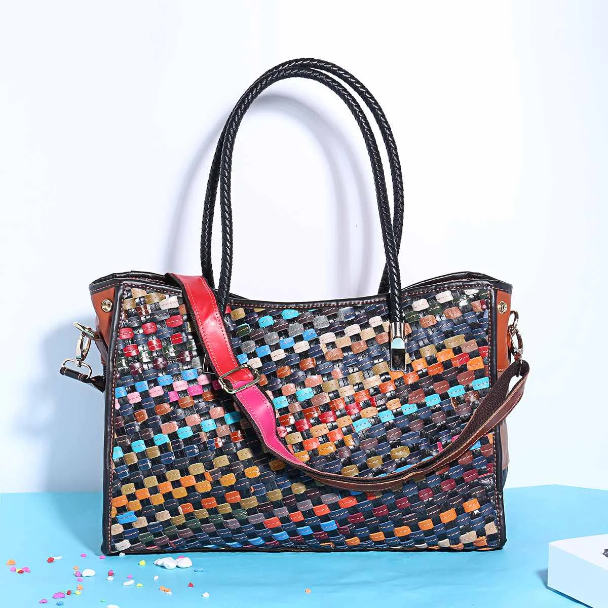 

Genuine Leather Women Handbag Large Capacity Totes Female Handmade Shoulder Bags Patchwork Handmade Bolsas Feminina Random Color