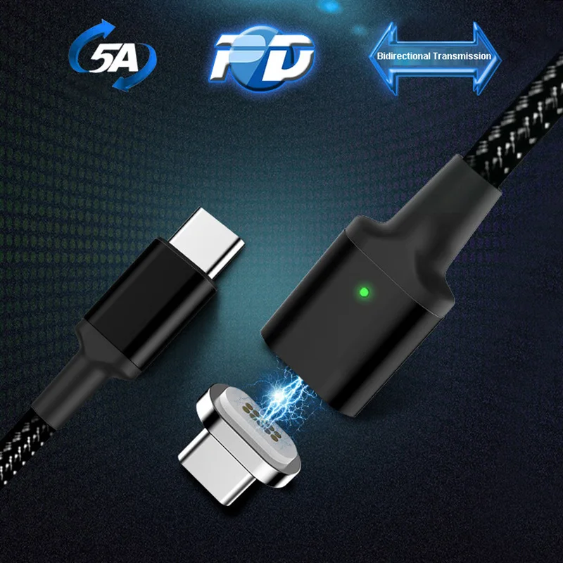 

5A(Max) Magnetic TYPE-C Cable PD Fast Charging USB-C Data Cable For Macbook SAMSUNG S9+ S8 Note 8 HUAWEI XIAOMI QC3.0 Charger
