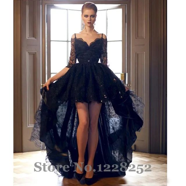 Sexy Off the Shoulder Half Sleeves High Low Prom Dresses Navy Blue Backless Lace Prom Party