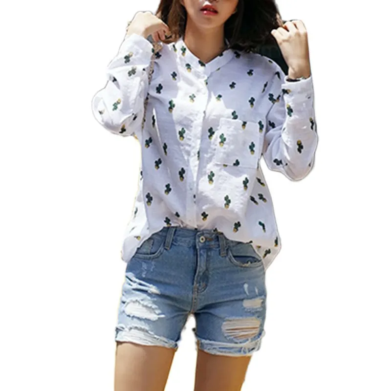

Plus Size Women Printed New Sweet Casual Sleeved Stand Long Leisure Shirts Arrival Tops Cute Collar Blouses Cactus