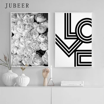 

Scandinavian Style Black and White Poster Flower Wall Art Peony Poster and Prints Love Canvas Painting for Bedroom Decorations